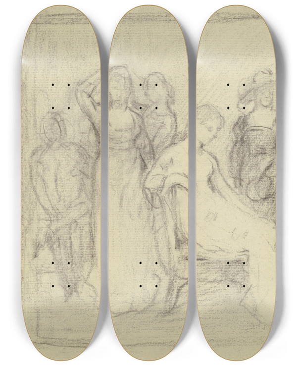 Triptych art skateboard deck of Otto Scholderer Vorbereitung Zum Kostmball_5 by Otto Scholderer (1834-1902)