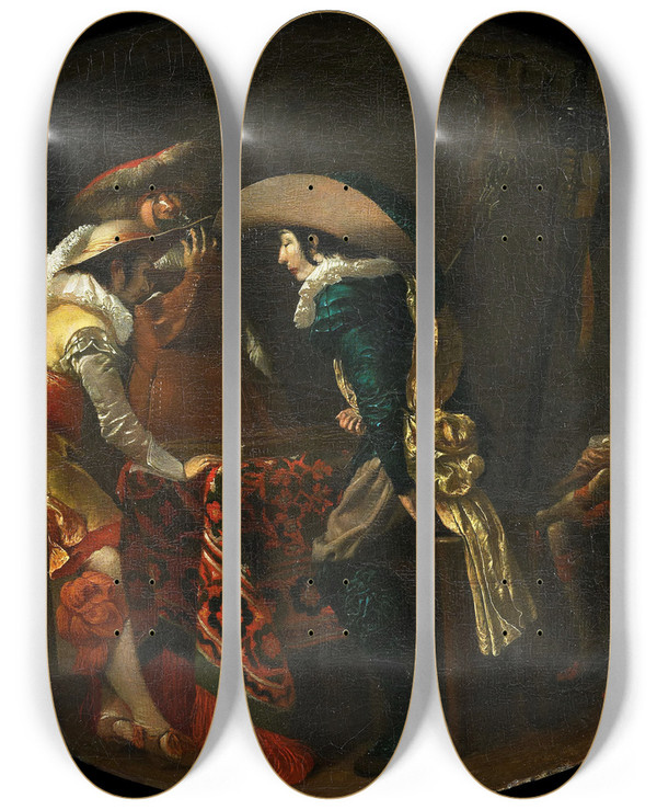 Triptych art skateboard deck of Willem Cornelisz Duyster The Trictrac Players by Willem Cornelisz Duyster (1599-1635)