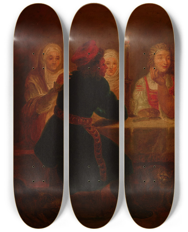Triptych art skateboard deck of Franciszek Smuglewicz Peasants In An Inn by Franciszek Smuglewicz (1745-1807)