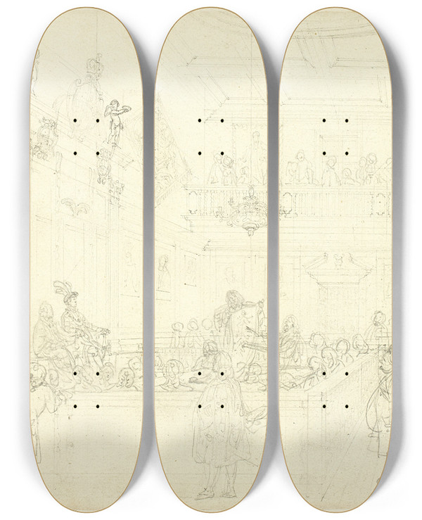 Triptych art skateboard deck of Augustus Charles Pugin Study For Heralds College The Hall From Microcosm Of London by Augustus Charles Pugin (1762-1832)
