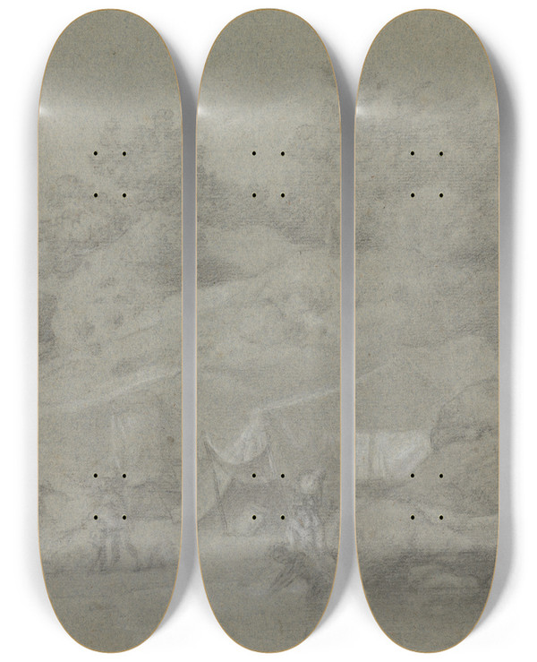 Triptych art skateboard deck of Johan Joseph Zoffany A River By A Rocky Bank With Figures Possibly In India by Johan Joseph Zoffany (1733-1810)