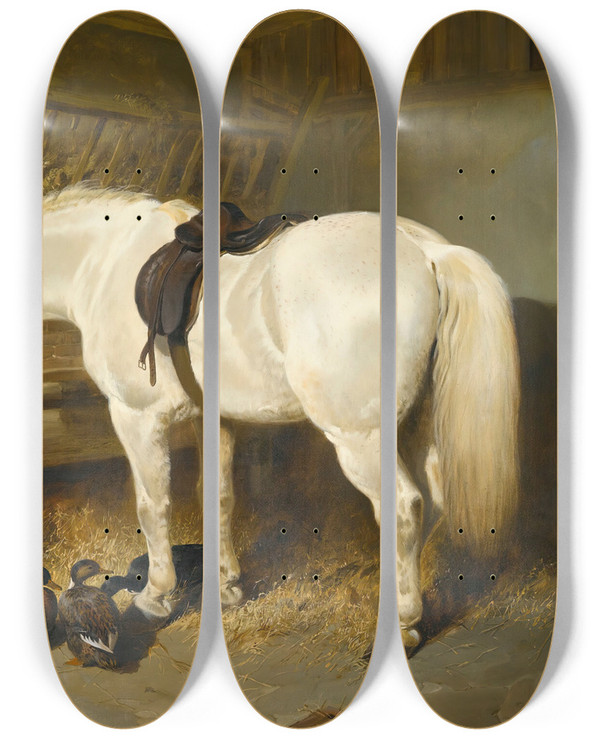 Triptych art skateboard deck of John Frederick Herring Snr A Grey Pony In A Stable With Ducks by John Frederick Herring Snr (1795-1865)
