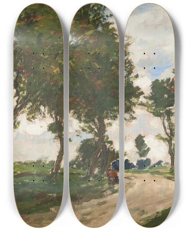 Triptych art skateboard deck of Gustav Macoun On The Way Down The Alley by Gustav Macoun (1892-1934)