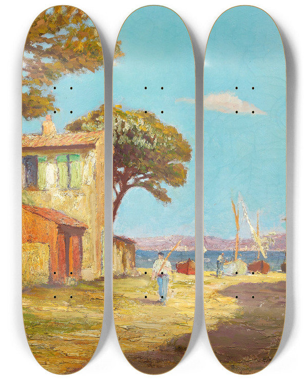 Triptych art skateboard deck of Henry Malfroy Paysage De Bord De Mer by Henry Malfroy (1895-1944)