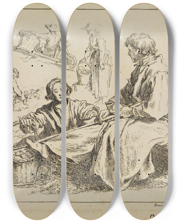 Triptych art skateboard deck of Franois Boucher Figure Studies_9 by Francois Boucher (1703-1770)