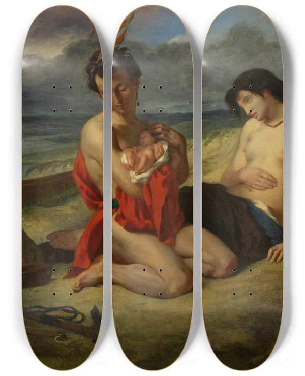 Triptych art skateboard deck of Eugne Delacroix The Natchez by Eugene Delacroix (1798-1863)