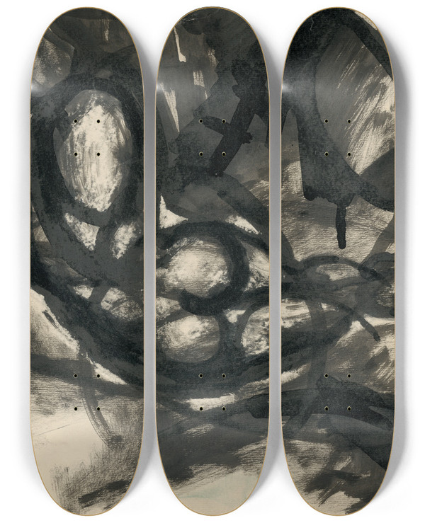 Triptych art skateboard deck of Kontantn Bauer Ensk Akt_1 by Konstantin Bauer (1893-1928)