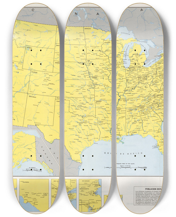 Triptych art skateboard deck of Us Information Agency Mapa De Instituciones De Educacion Superior De Cuatro Anos Acreditadas Regionalmente by U S Information Agency (1953-1999)