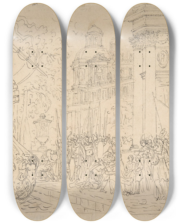 Triptych art skateboard deck of Jean Le Pautre Aeneass Farewell To Dido by Jean Le Pautre (1618-1682)