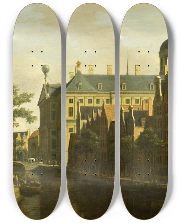 Triptych art skateboard deck of Gerrit Adriaensz Berckheyde The Nieuwezijds Voorburgwal With The Flower And Tree Market In Amsterdam by Gerrit Adriaensz Berckheyde (1638-1698)