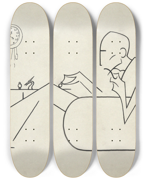 Triptych art skateboard deck of Richard Boix Caricature Of Marcelduchamp by Richard Boix (1894-1949)