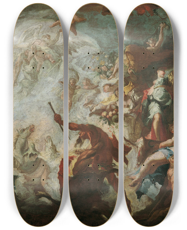 Triptych art skateboard deck of Franz Anton Maulbertsch Allegorie Des Goldenen Zeitalters by Franz Anton Maulbertsch (1724-1796)