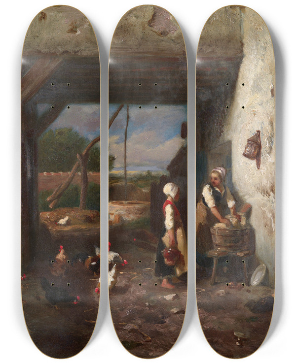 Triptych art skateboard deck of Charles Emile Jacque Hhnerhof by Charles Emile Jacque (1813-1894)