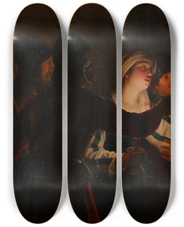 Triptych art skateboard deck of Gerard Van Honthorst The Denial Of St Peter by Gerard Van Honthorst (1592-1656)