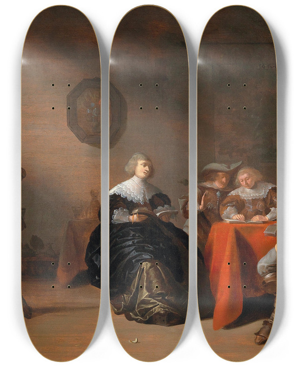 Triptych art skateboard deck of Anthonie Palamedesz An Interior With A Company Conversing At A Table by Anthonie Palamedesz (1601-1673)
