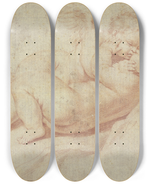 Triptych art skateboard deck of Domenichino Zwei Einander Umarmende Amoretten by Domenichino (1581-1641)