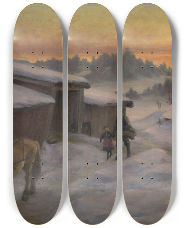 Triptych art skateboard deck of Jacob Glersen A Farm At Lysaker by Jacob Gloersen (1852-1912)