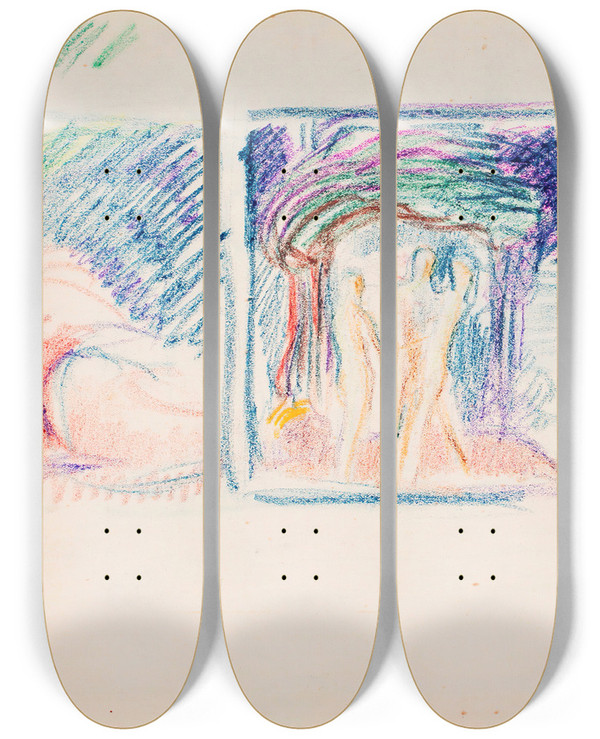 Triptych art skateboard deck of Magnus Enckell Luonnos Nylands Nationin Veljesvala Maalausta Varten by Magnus Enckell (1870-1925)
