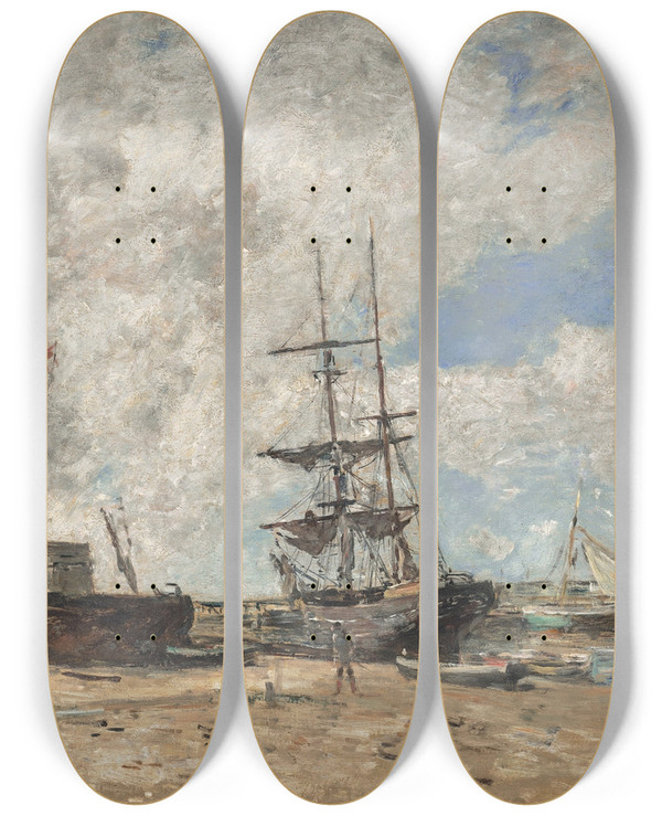 Triptych art skateboard deck of Eugne Boudin Le Rivage De Trouville Mare Basse by Eugene Boudin (1824-1898)