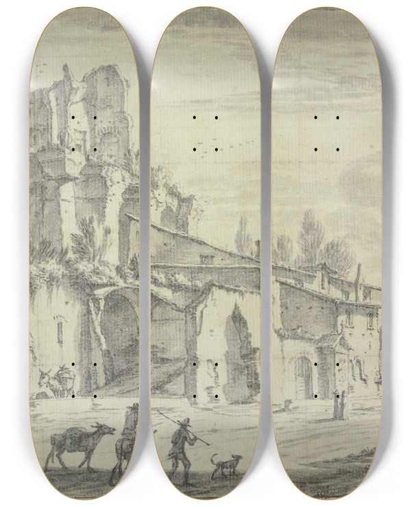 Triptych art skateboard deck of Jan Wyck Landscape With Ruins by Jan Wyck (1645-1702)