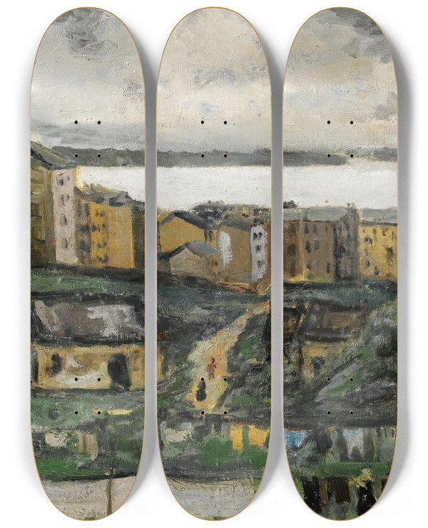 Triptych art skateboard deck of Arthur Segal Village View by Arthur Segal (1875-1944)