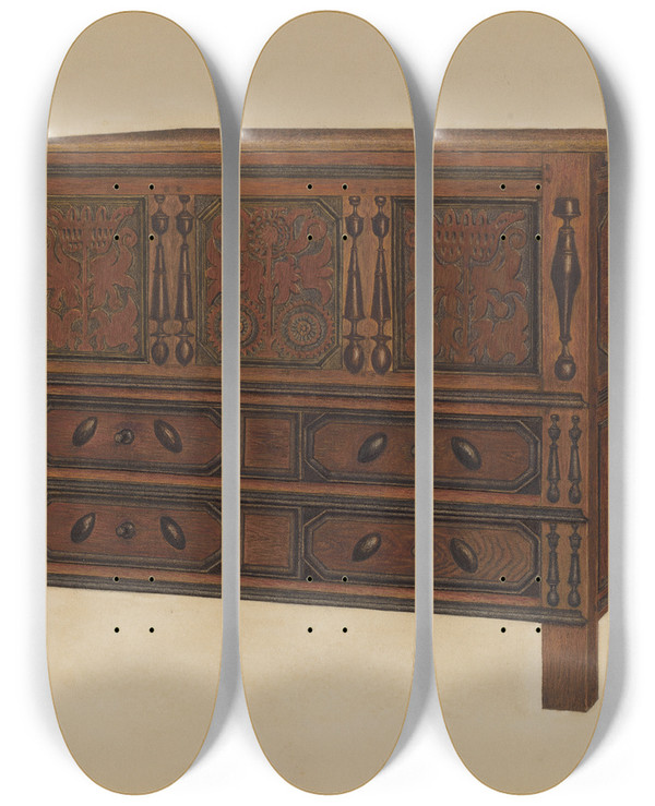 Triptych art skateboard deck of Meyer Goldbaum Chest by Meyer Goldbaum