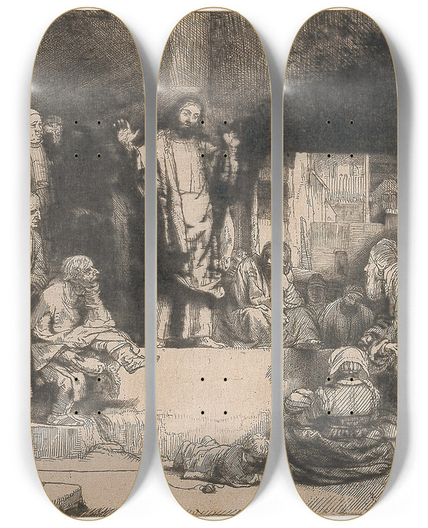 Triptych art skateboard deck of Rembrandt Van Rijn Christ Preaching La Petite Tombe_2 by Rembrandt Van Rijn (1606-1669)