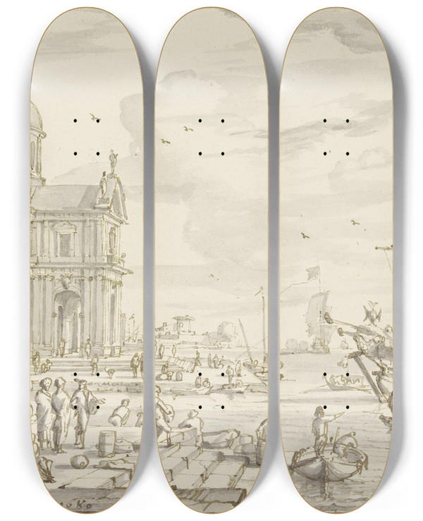 Triptych art skateboard deck of Abraham Storck Seaport A Column On The Left by Abraham Storck (1644-1708)