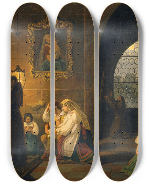 Triptych art skateboard deck of Johann Nepomuk Schdlberger Das Innere Einer Italienischen Kirche by Johann Nepomuk Schodlberger (1779-1853)