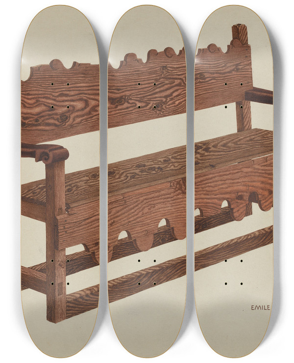 Triptych art skateboard deck of Emile Cero Mission Bench by Emile Cero