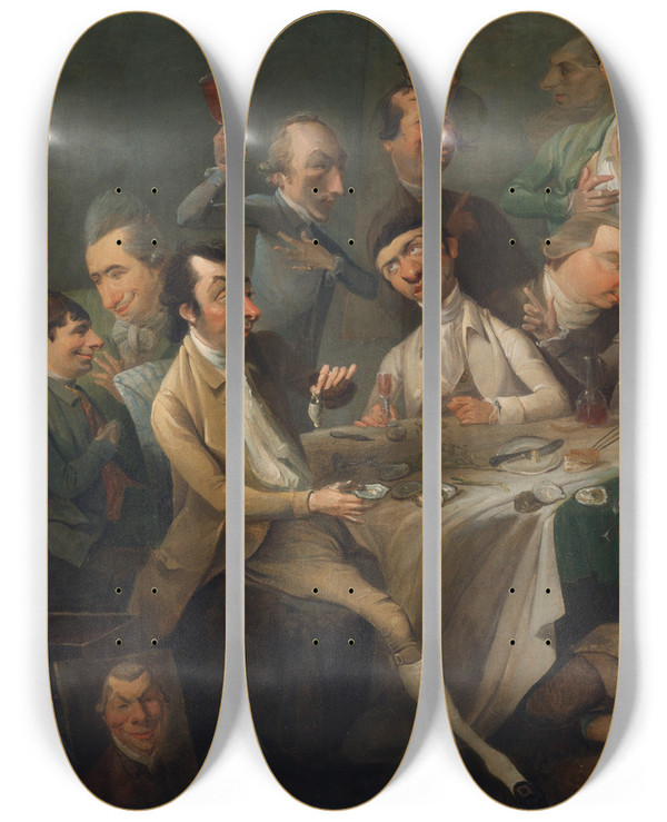 Triptych art skateboard deck of John Hamilton Mortimer A Caricature Group by John Hamilton Mortimer (1740-1779)