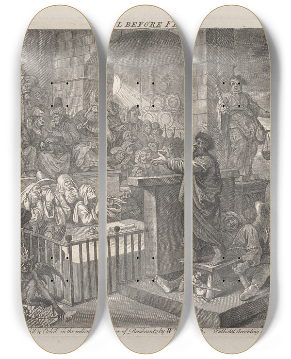 Triptych art skateboard deck of William Hogarth Paul Before Felix by William Hogarth (1697-1764)