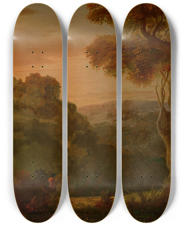 Triptych art skateboard deck of Alexander Cozens A Vale Near Matlock Derbyshire by Alexander Cozens (1717-1786)