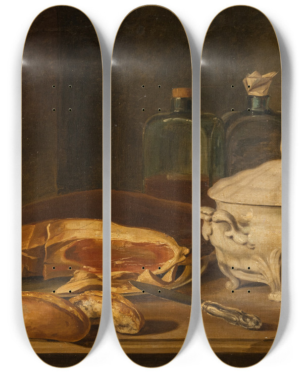 Triptych art skateboard deck of Pehr Hillestrm Still Life With Ham And Tureen by Pehr Hillestrom (1732-1816)