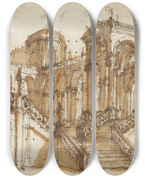 Triptych art skateboard deck of Mauro Antonio Tesi Stage Design by Mauro Antonio Tesi (1730-1766)