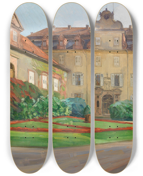 Triptych art skateboard deck of Wilhelm Trbner Schlohof In Badenbaden Im September by Wilhelm Trubner (1851-1917)
