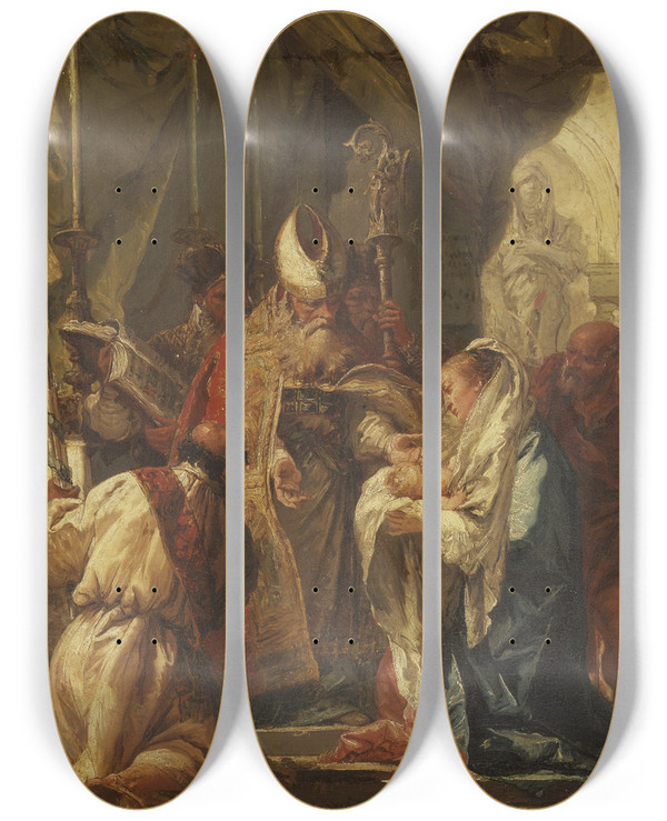 Triptych art skateboard deck of Giovanni Domenico Tiepolo The Presentation In The Temple by Giovanni Domenico Tiepolo (1727-1804)