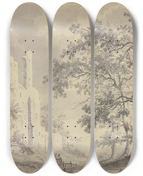 Triptych art skateboard deck of Paulus Van Liender Links Eine Ruine Rechts Hohe Bume Mit Einem Zaun An Welchem Verschiedene Personen Stehen by Paulus Van Liender (1731-1797)