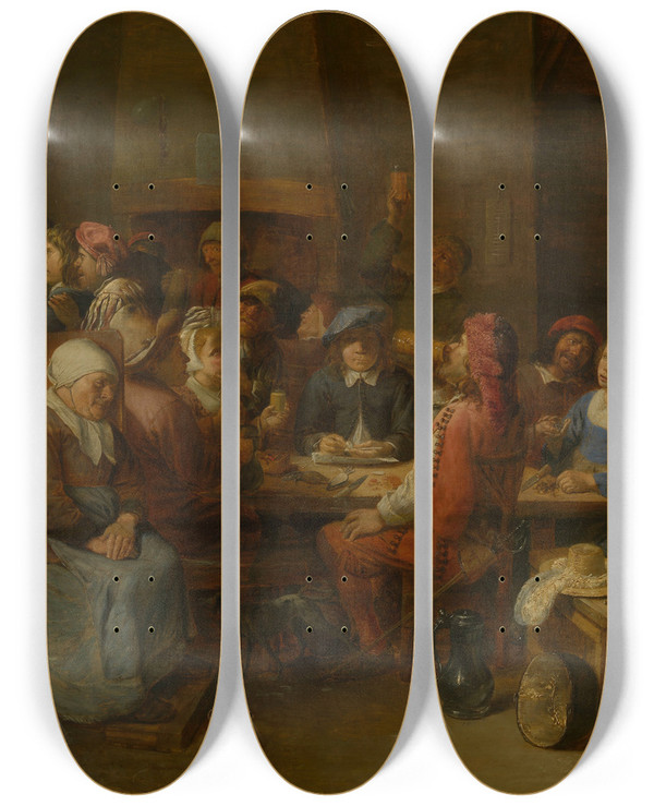 Triptych art skateboard deck of Joos Van Craesbeeck Tavern Scene by Joos Van Craesbeeck (1605-1660)