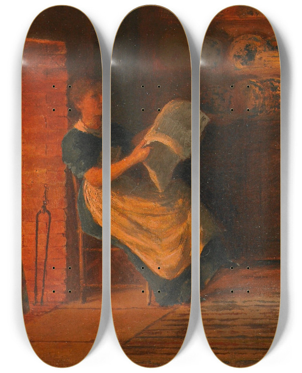 Triptych art skateboard deck of Enoch Wood Perry Jr Reading By The Fire by Enoch Wood Perry Jr (1831-1915)