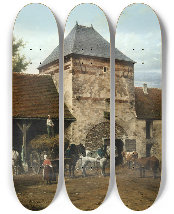Triptych art skateboard deck of Lon Lgat The Farmyard by Leon Legat (1829)