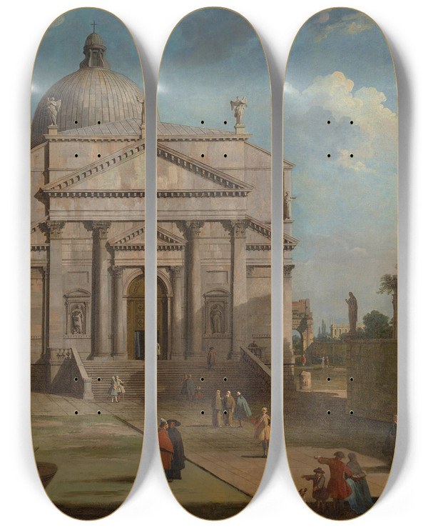 Triptych art skateboard deck of Canaletto A Capriccio With The Church Of The Redentore by Canaletto (1697-1768)