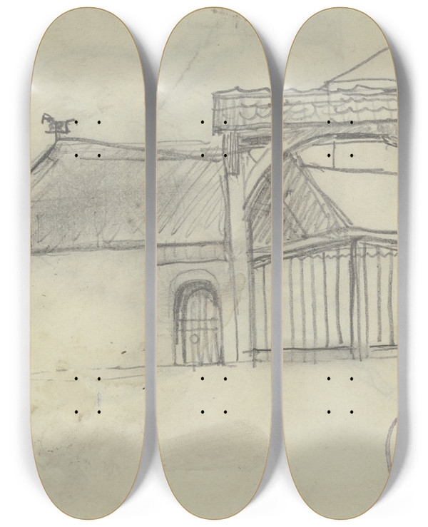 Triptych art skateboard deck of Fritz Boehle Gateway Of A Farmstead by Fritz Boehle (1873-1916)