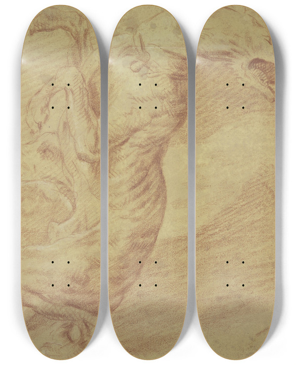 Triptych art skateboard deck of Frans Snyders Fighting Dogs by Frans Snyders (1579-1657)