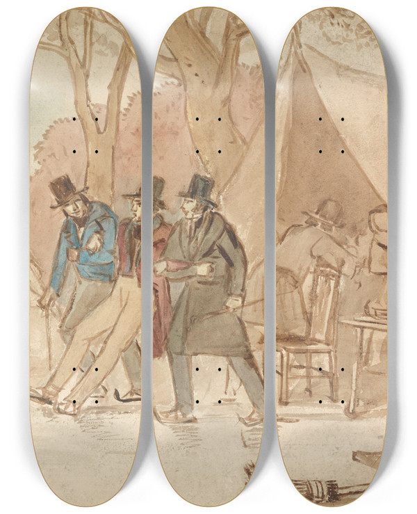 Triptych art skateboard deck of John James Chalon Skating In The Park by John James Chalon (1778-1854)