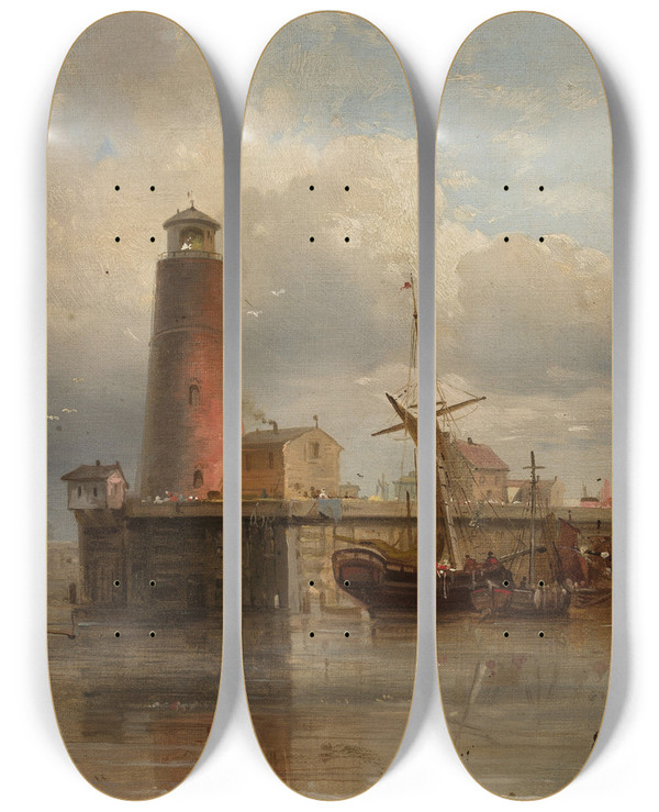 Triptych art skateboard deck of Eduard Schmidt Sea Harbour by Eduard Schmidt (1806-1862)