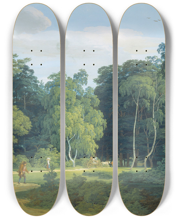 Triptych art skateboard deck of Anton Radl Weg Im Wald Zwischen Birken Und Buchen Mit Mehreren Wanderern Und Einem Bauernwagen Mit Zwei Schimmeln by Anton Radl (1774-1852)