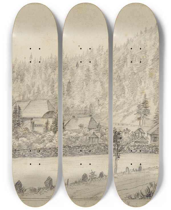 Triptych art skateboard deck of Hans Thoma Hammerschmiede Bei St Blasien by Hans Thoma (1839-1924)
