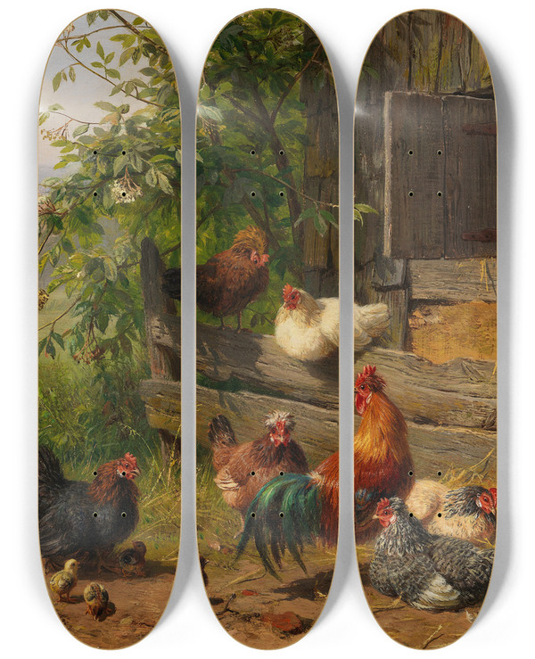 Triptych art skateboard deck of Carl Jutz Hhnerhof by Carl Jutz (1838-1916)