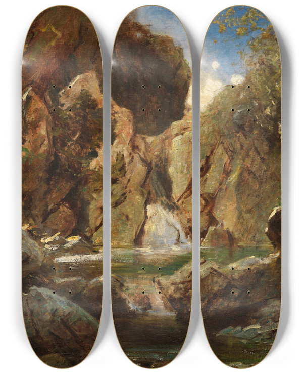 Triptych art skateboard deck of Carl Spitzweg Felsenkessel Mit Wildwasser by Carl Spitzweg (1808-1880)